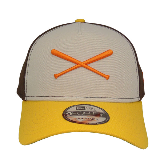 JustFitteds Crossed Bats Logo New Era 9FORTY AF Cap Stone Brown Yellow
