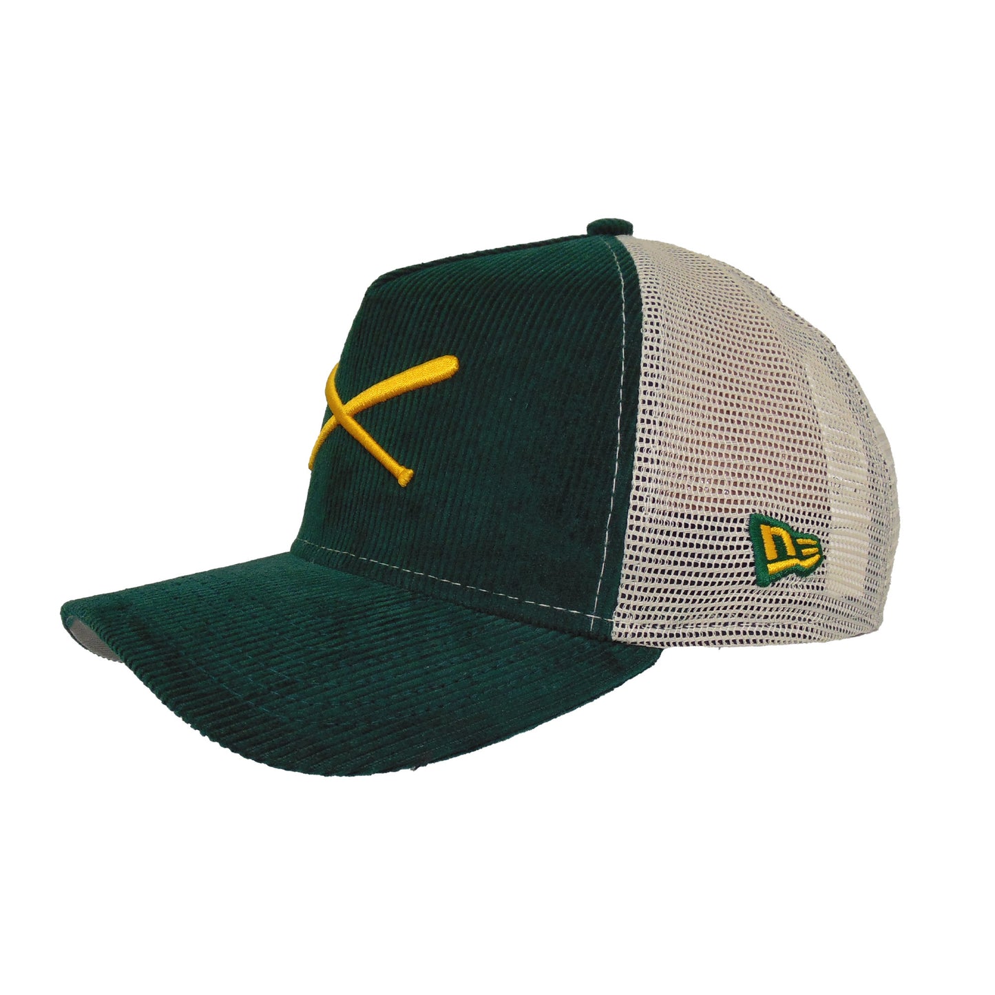 Justfitteds Crossed Bats Logo New Era 9FORTY AF Trucker Cap DGRN Corduroy