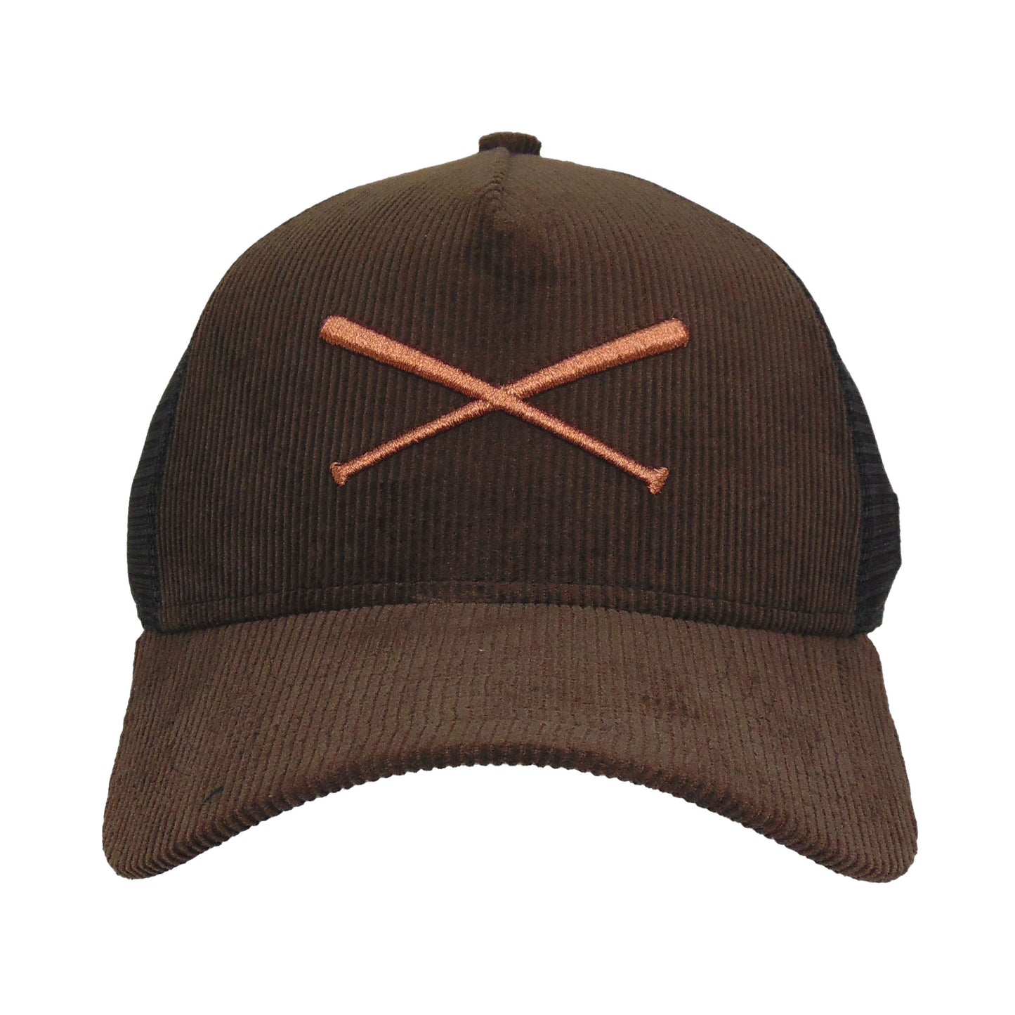 Justfitteds Crossed Bats Logo New Era 9FORTY AF Trucker Cap Brown Cord