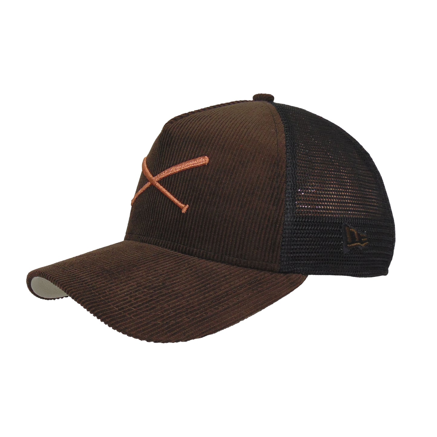 Justfitteds Crossed Bats Logo New Era 9FORTY AF Trucker Cap Brown Cord