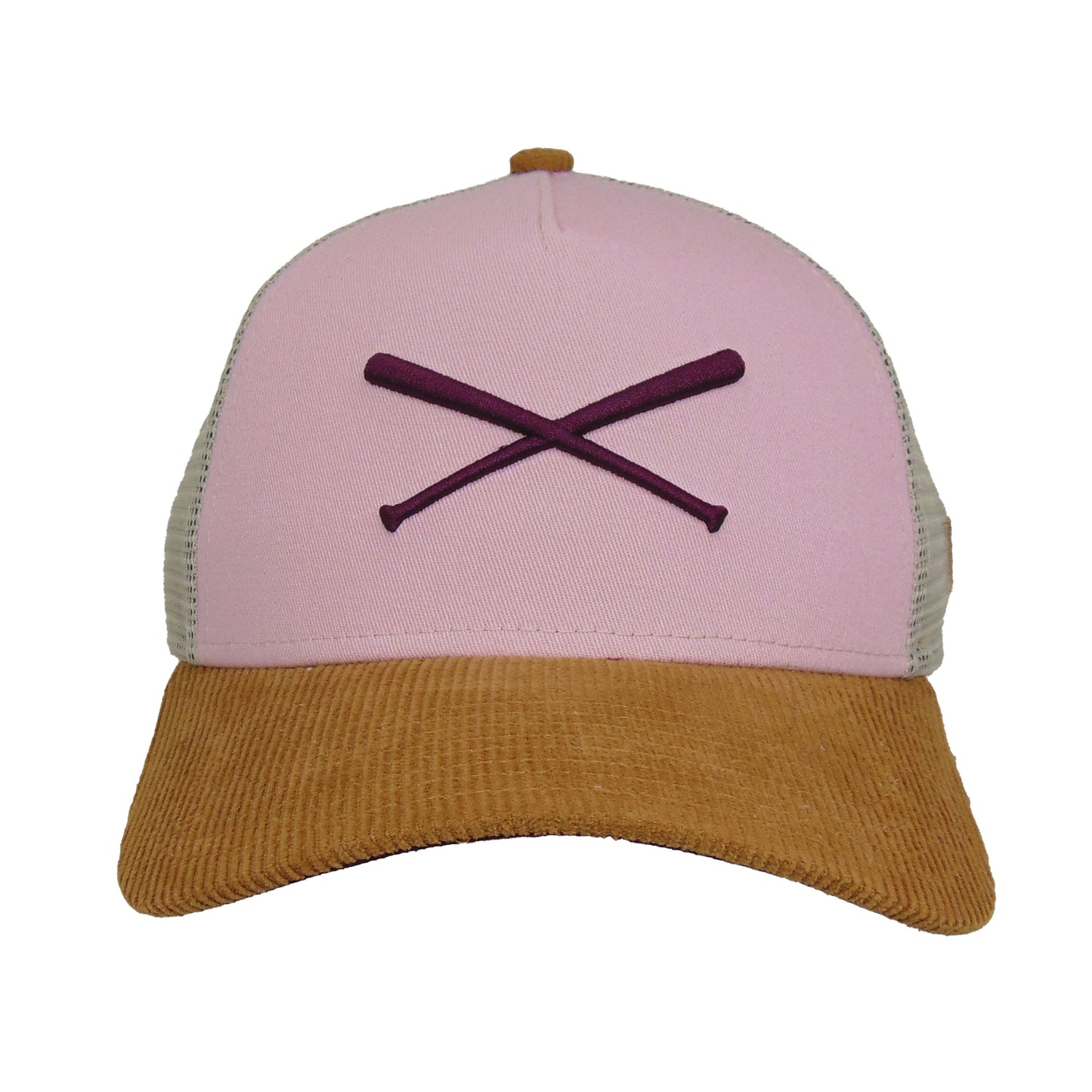 Justfitteds Crossed Bats Logo New Era 9FORTY AF Trucker Cap Pink Wheat Cord
