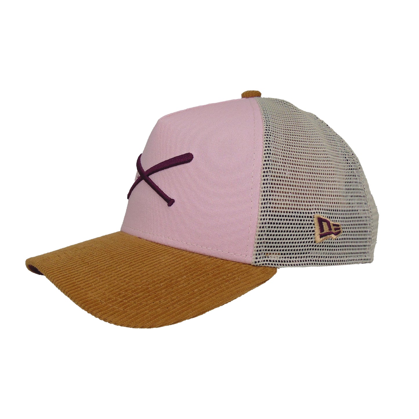Justfitteds Crossed Bats Logo New Era 9FORTY AF Trucker Cap Pink Wheat Cord