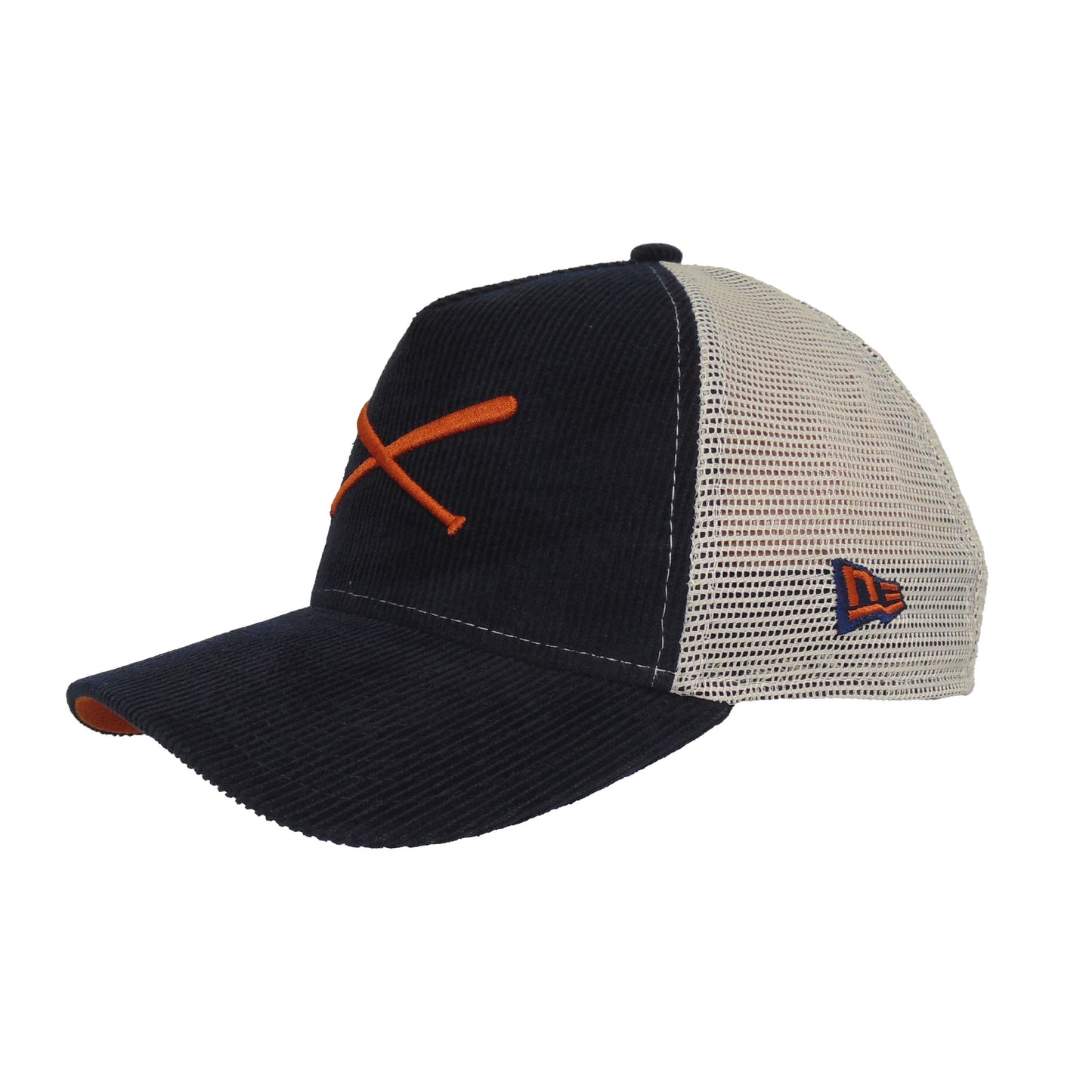 Justfitteds Crossed Bats Logo New Era 9FORTY AF Trucker Cap Navy Corduroy