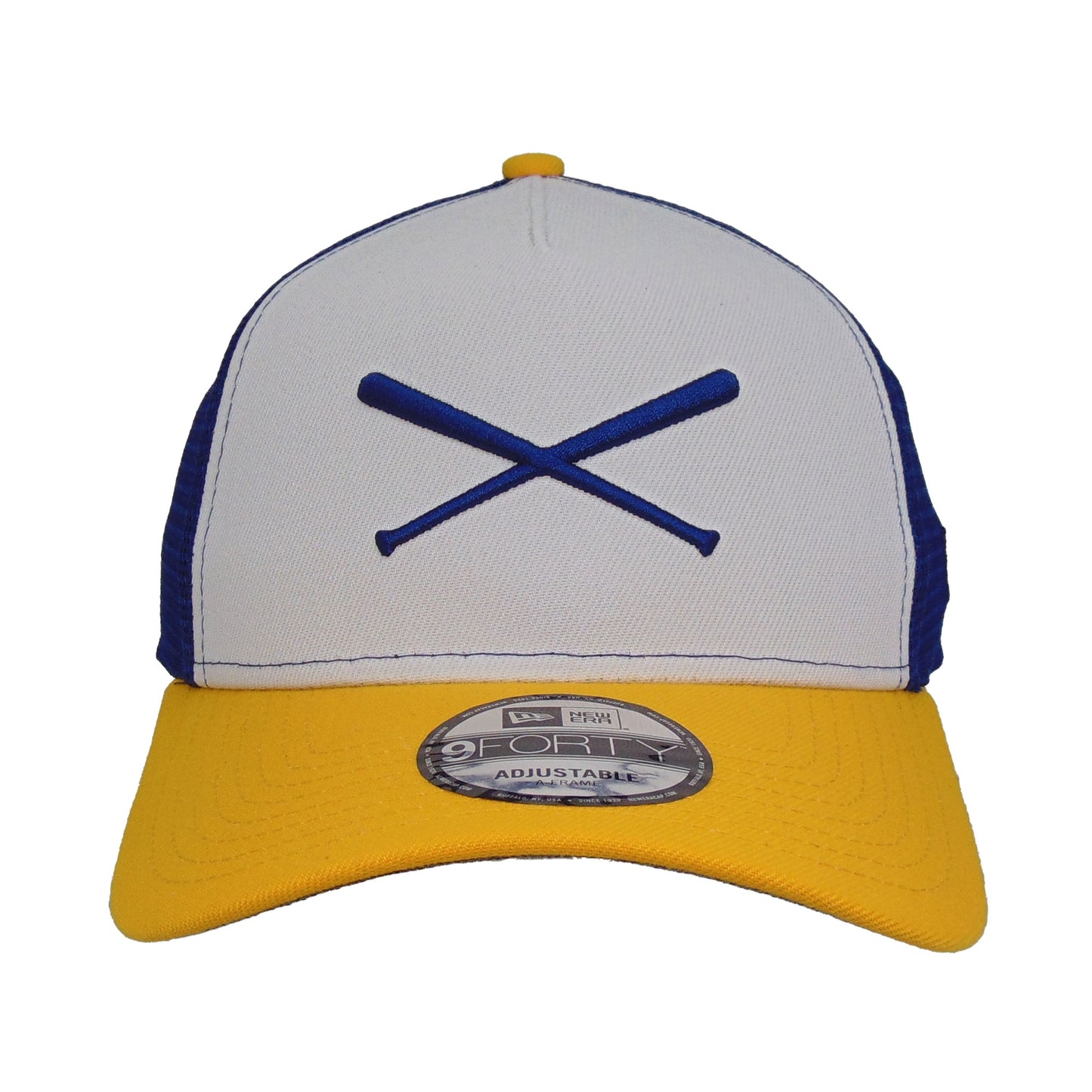 Justfitteds Crossed Bats Logo New Era 9FORTY AF Trucker Cap WHT BLU YLW