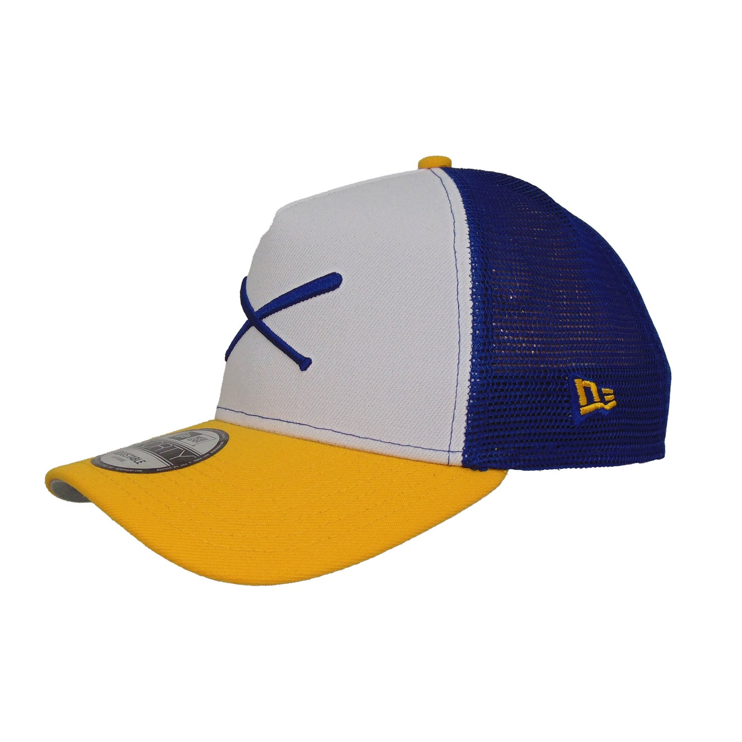 Justfitteds Crossed Bats Logo New Era 9FORTY AF Trucker Cap WHT BLU YLW