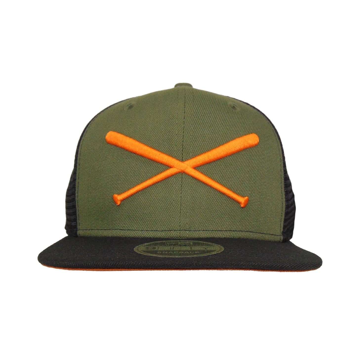 JustFitteds Crossed Bats Logo New Era 9FIFTY Trucker BLKOLV