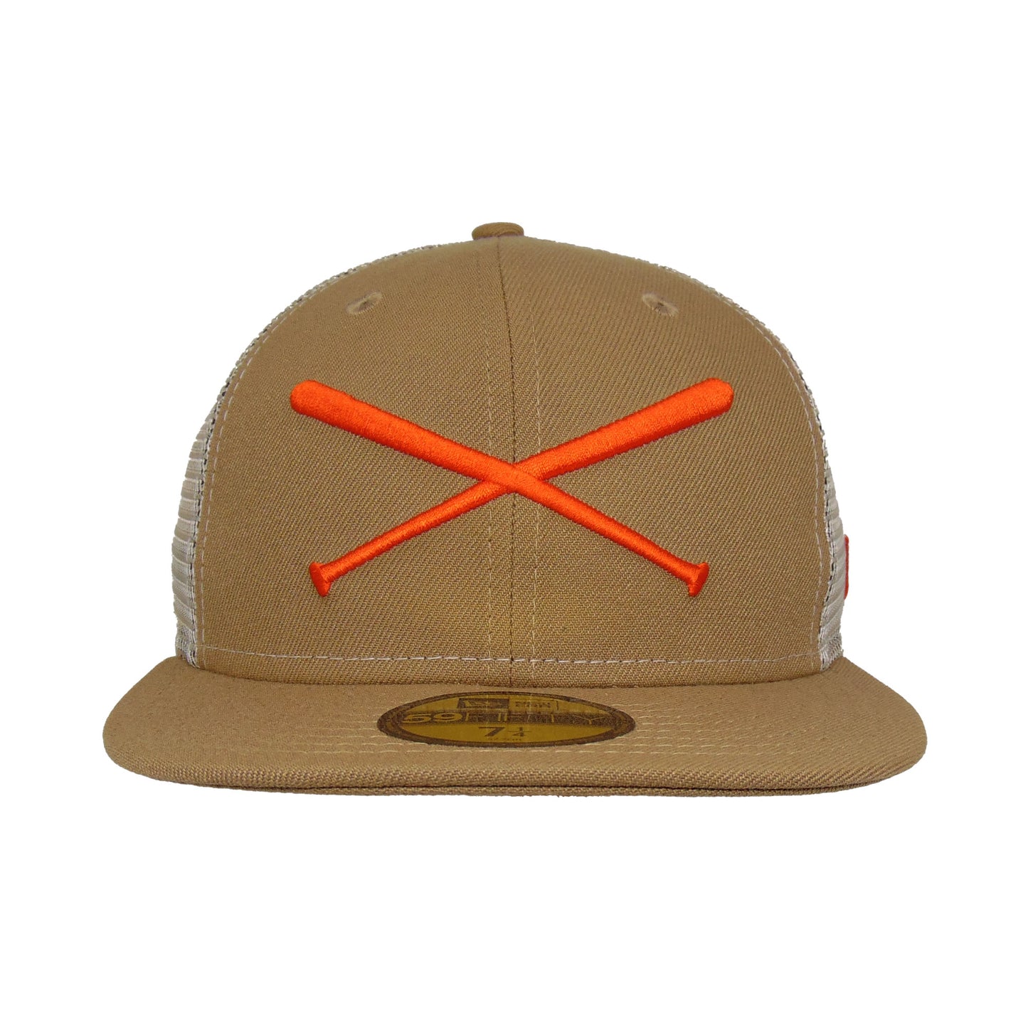 JustFitteds Crossed Bats Logo New Era 59FIFTY Trucker Camel