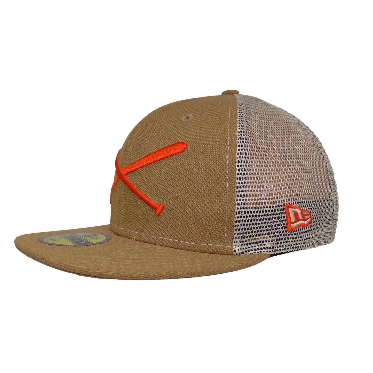 JustFitteds Crossed Bats Logo New Era 59FIFTY Trucker Camel