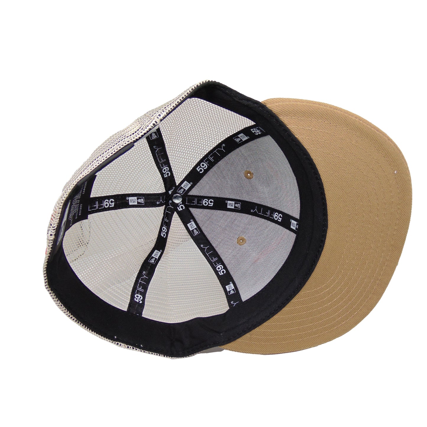 JustFitteds Crossed Bats Logo New Era 59FIFTY Trucker Camel