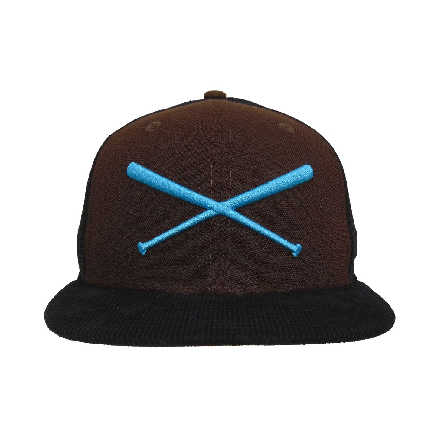 JustFitteds Crossed Bats Logo New Era 59FIFTY Trucker Brown Black
