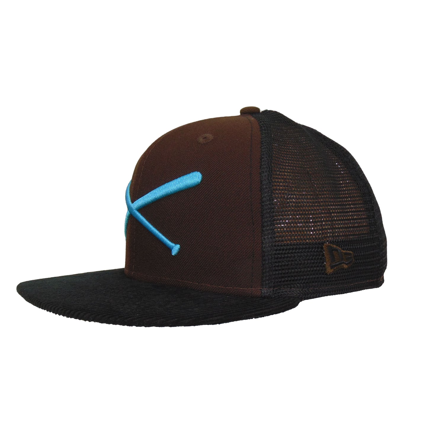 JustFitteds Crossed Bats Logo New Era 59FIFTY Trucker Brown Black