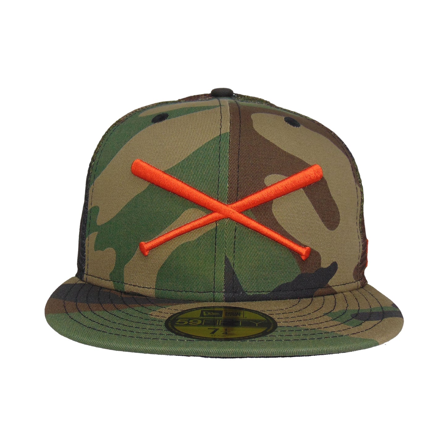 JustFitteds Crossed Bats Logo New Era 59FIFTY Trucker Woodland