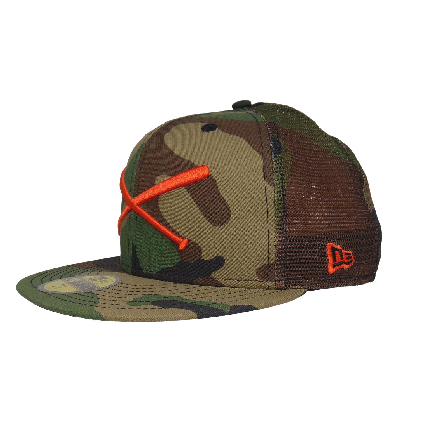 JustFitteds Crossed Bats Logo New Era 59FIFTY Trucker Woodland