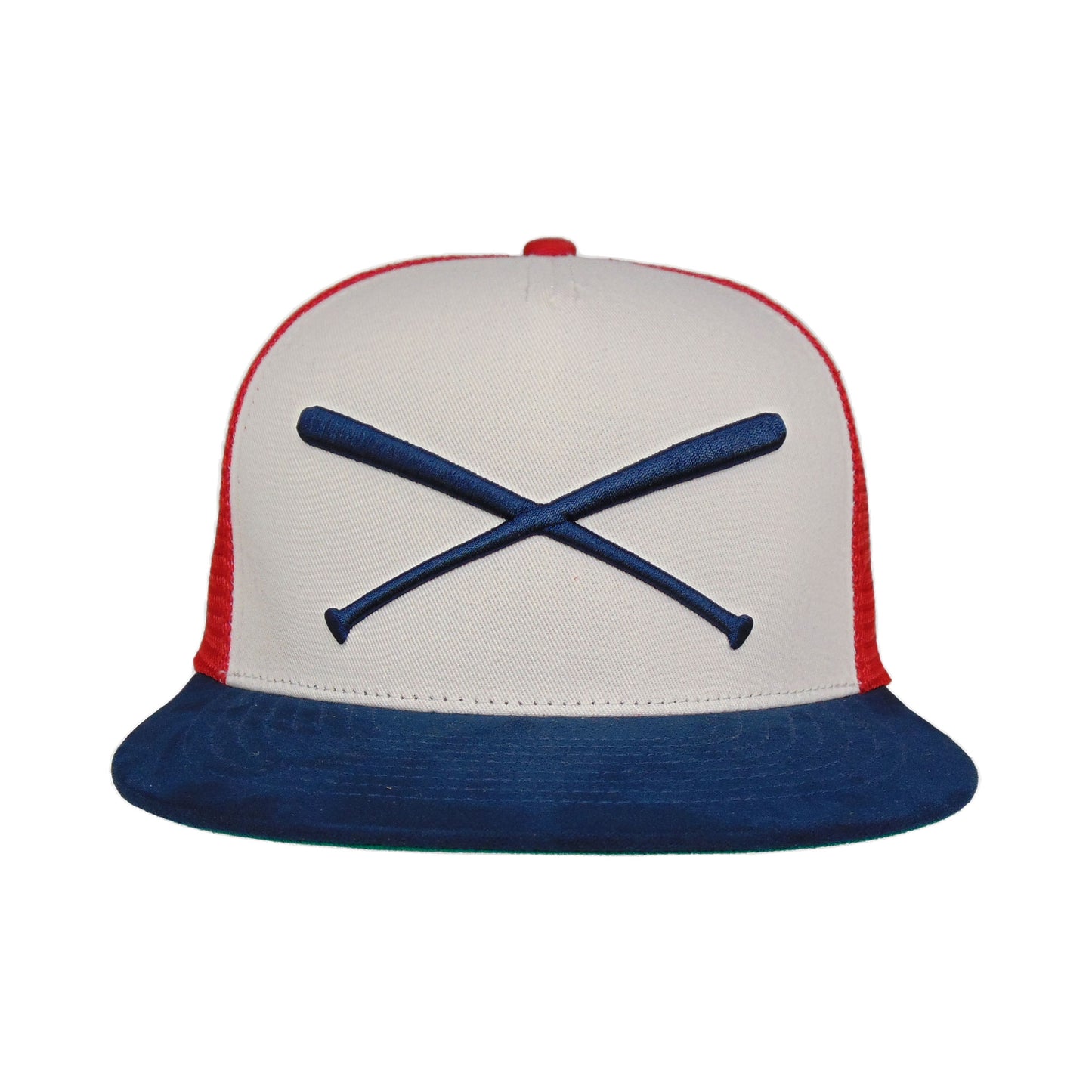 JustFitteds Crossed Bats Logo Trucker Cap RWB