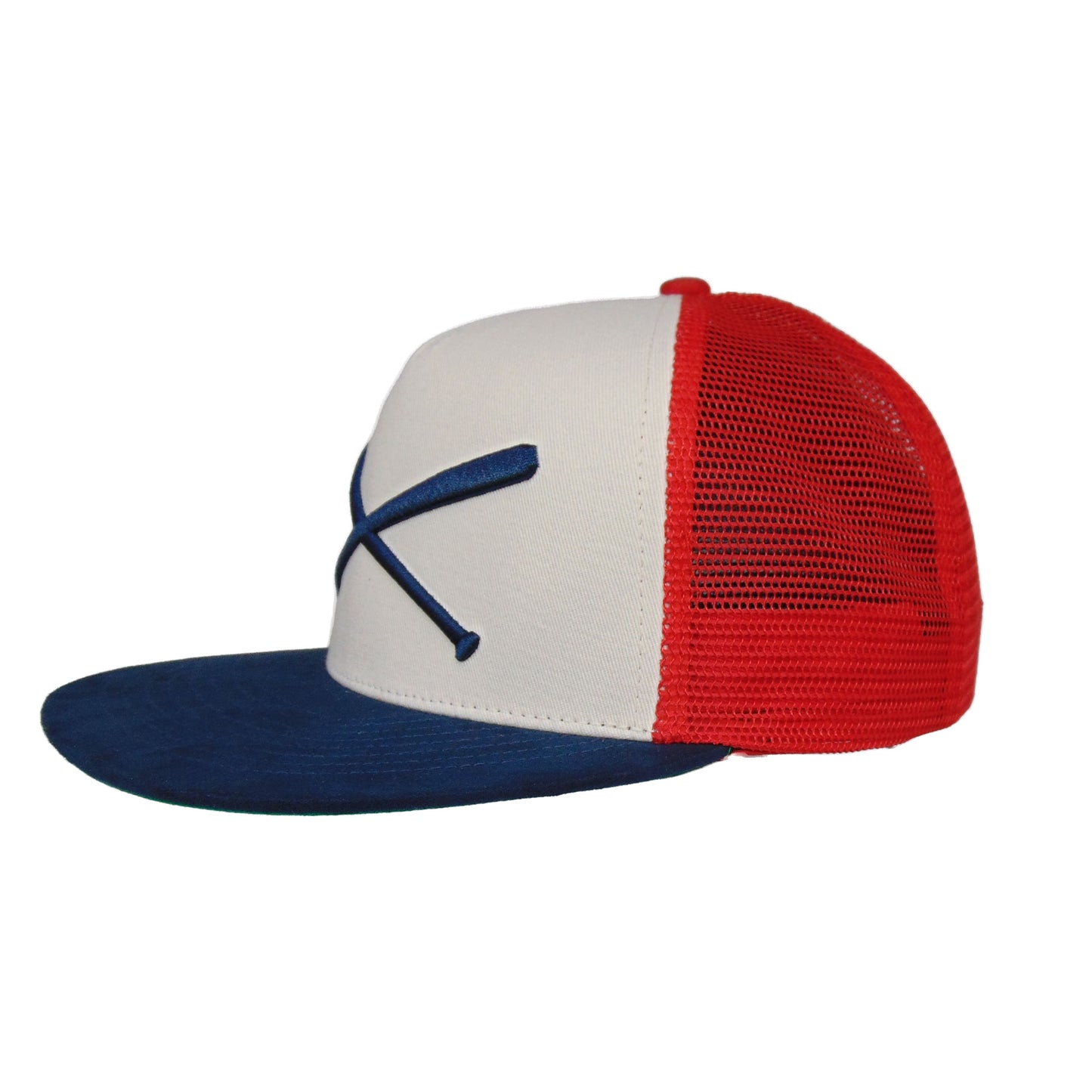 JustFitteds Crossed Bats Logo Trucker Cap RWB