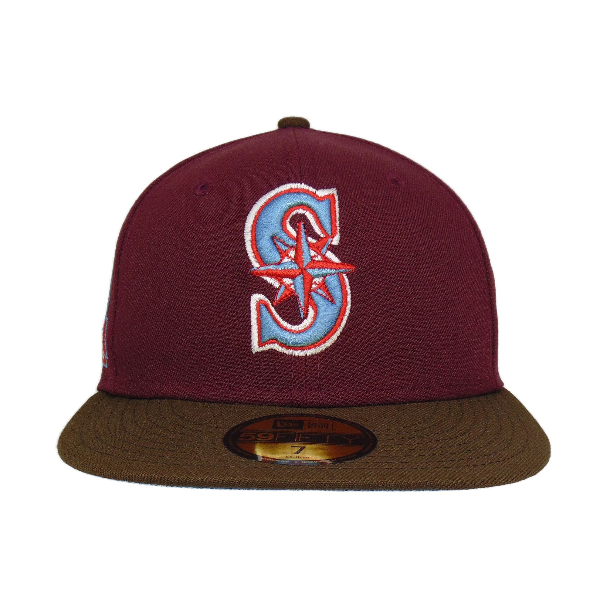 Sea Blue Los Angeles Angels Burgundy Bottom 50th Anniversary Side Patch New Era 59FIFTY Fitted 6 7/8