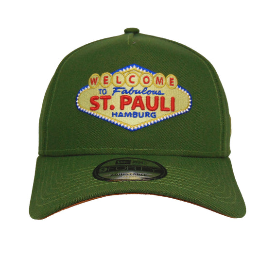 Welcome to St. Pauli JF Exclusive New Era 9FORTY AF Cap Riffle Green olive Front View