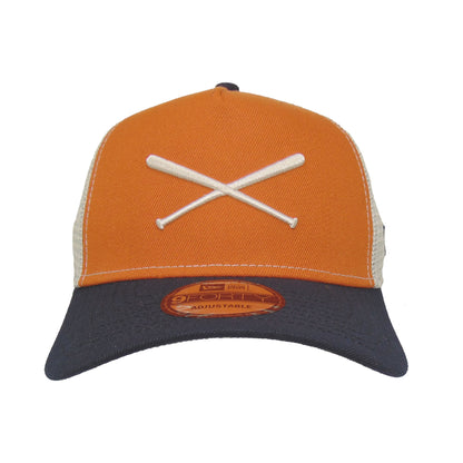 JustFitteds Crossed Bats Logo New Era 9FORTY AF Trucker Cap OSN stone
burnt orange
navy Front View