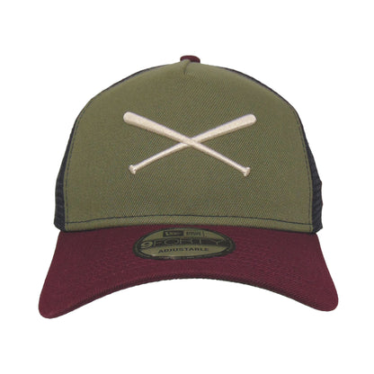 JustFitteds Crossed Bats Logo New Era 9FORTY AF Trucker Cap ONM olive
maroon
navy Front View
