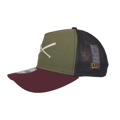 JustFitteds Crossed Bats Logo New Era 9FORTY AF Trucker Cap ONM olive
maroon
navy Side View