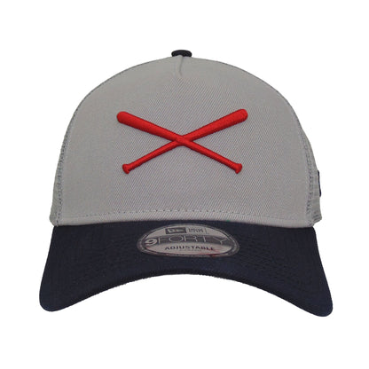 Justfitteds Crossed Bats Logo New Era 9FORTY AF Trucker Cap GNR grey
navy Front View