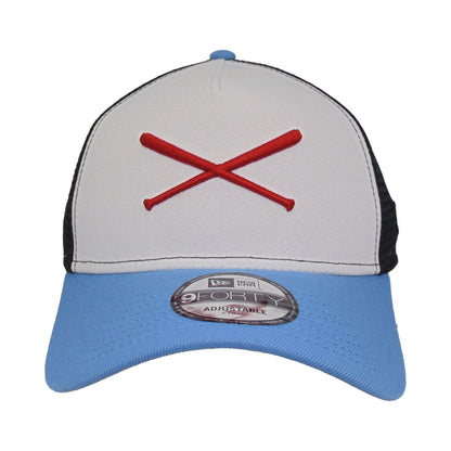 JustFitteds Crossed Bats Logo New Era 9FORTY AF Trucker Cap WSNR white
navy
sky blue Front View
