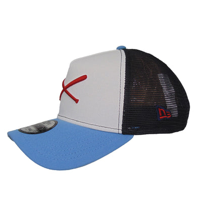 JustFitteds Crossed Bats Logo New Era 9FORTY AF Trucker Cap WSNR white
navy
sky blue Side View