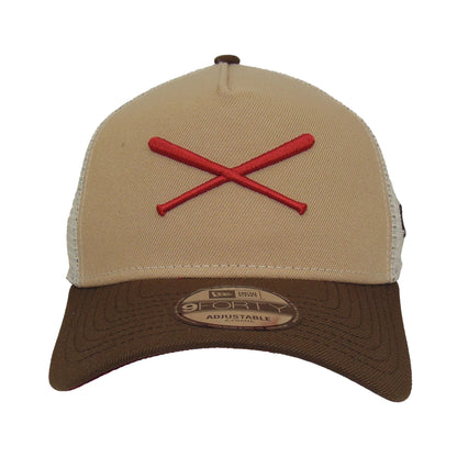 JustFitteds Crossed Bats Logo New Era 9FORTY AF Trucker Cap CBSR wheat
stone
brown Front View
