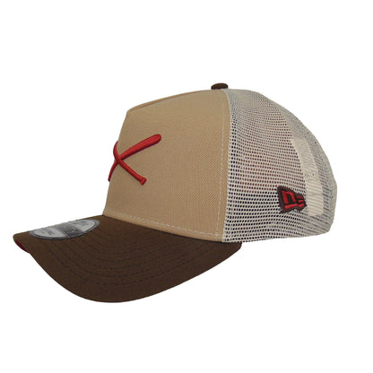 JustFitteds Crossed Bats Logo New Era 9FORTY AF Trucker Cap CBSR wheat
stone
brown Side View