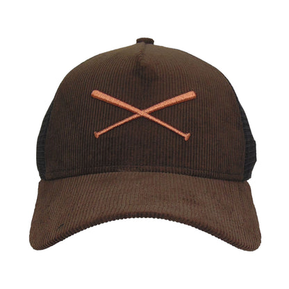 Justfitteds Crossed Bats Logo New Era 9FORTY AF Trucker Cap Brown Cord brown
black  Front View