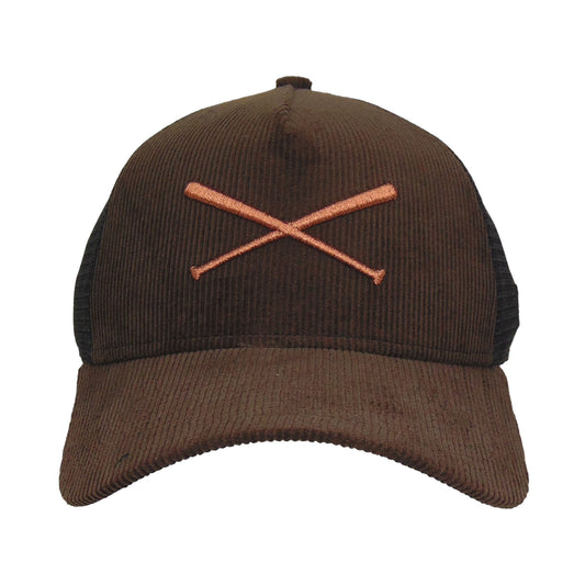 Justfitteds Crossed Bats Logo New Era 9FORTY AF Trucker Cap Brown Cord