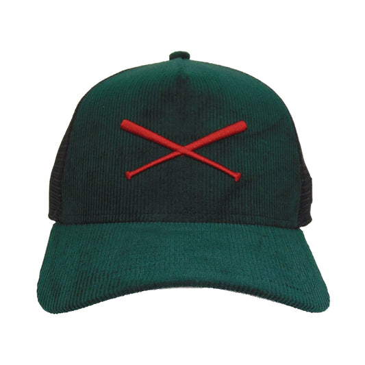 Justfitteds Crossed Bats Logo New Era 9FORTY AF Trucker Cap DK GRN Corduroy