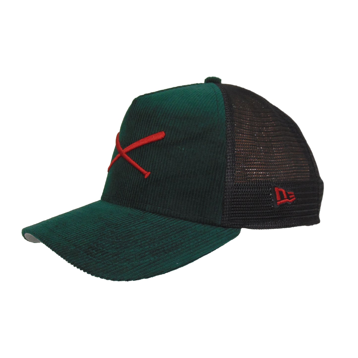 Justfitteds Crossed Bats Logo New Era 9FORTY AF Trucker Cap DK GRN Corduroy