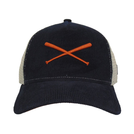 Justfitteds Crossed Bats Logo New Era 9FORTY AF Trucker Cap Navy Corduroy