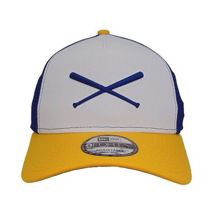 Justfitteds Crossed Bats Logo New Era 9FORTY AF Trucker Cap WHT BLU YLW blue
white
yellow Front View
