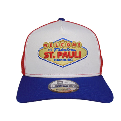 Justfitteds "Welcome to St. Pauli" New Era 9FORTY AF Trucker Cap RWB red
white
blue Front View