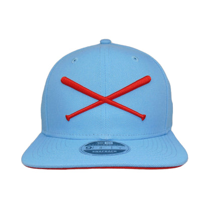 Justfitteds Crossed Bats 9FIFTY New Era Cap Snapback Sky light blue
red Front View