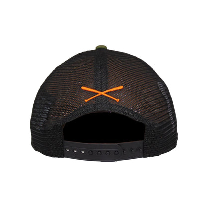 JustFitteds Crossed Bats Logo New Era 9FIFTY Trucker BLKOLV black 
olive Back View
