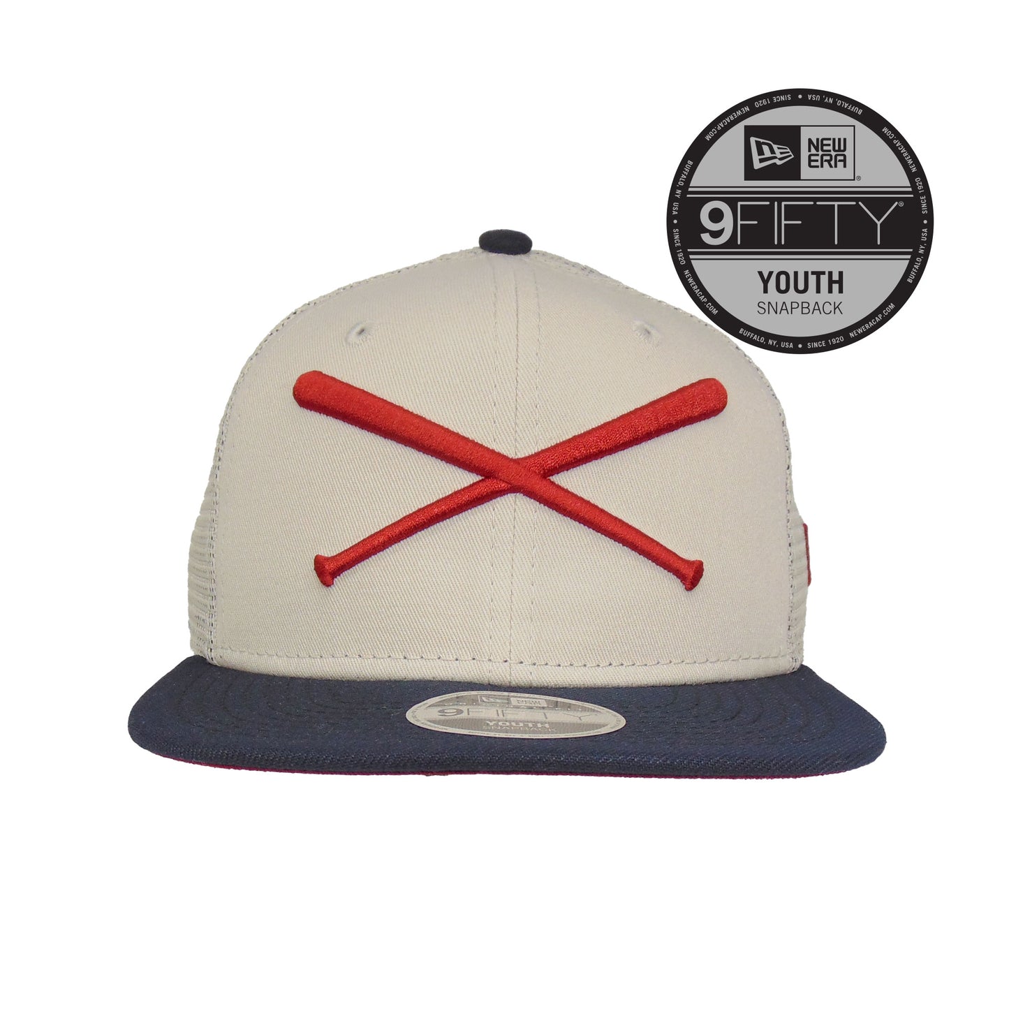 YOUTH Justfitteds Crossed Bats 9FIFTY New Era Cap Trucker Stone