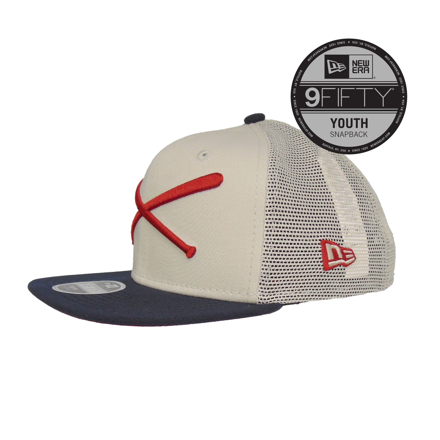 YOUTH Justfitteds Crossed Bats 9FIFTY New Era Cap Trucker Stone