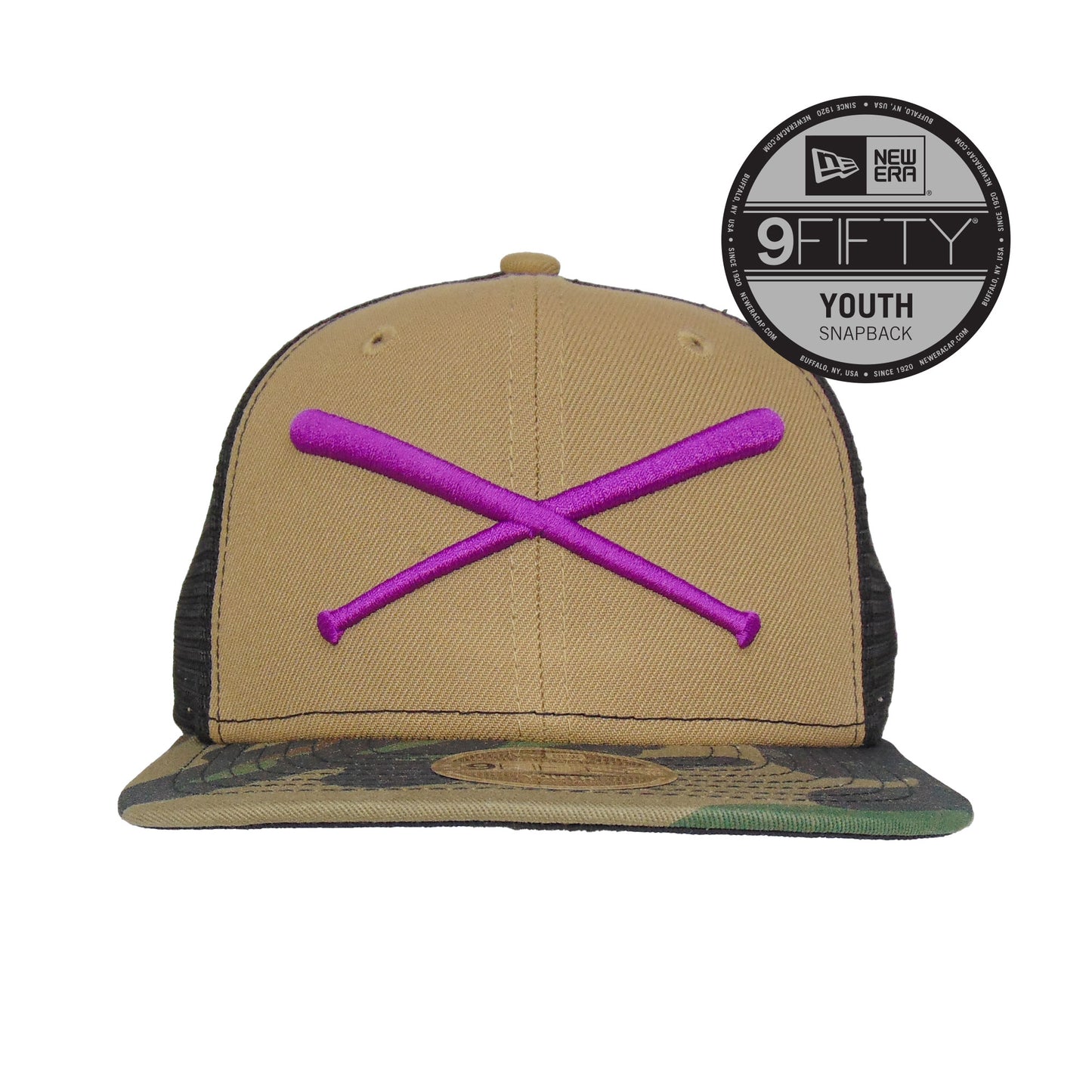 YOUTH Justfitteds Crossed Bats 9FIFTY New Era Cap Trucker Brown