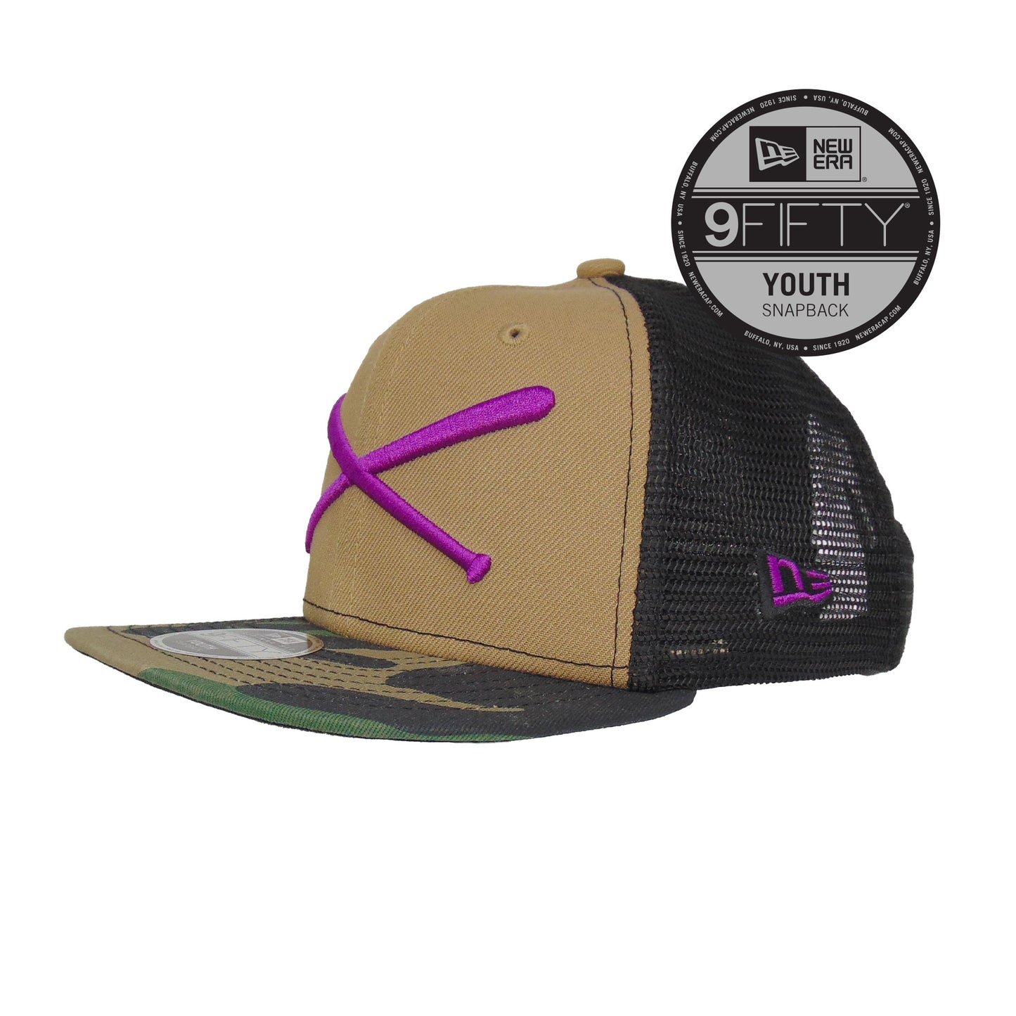 YOUTH Justfitteds Crossed Bats 9FIFTY New Era Cap Trucker Brown