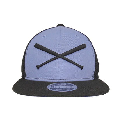 JustFitteds Crossed Bats New Era 9FIFTY Trucker Cap Black lilac black 
purple Front View