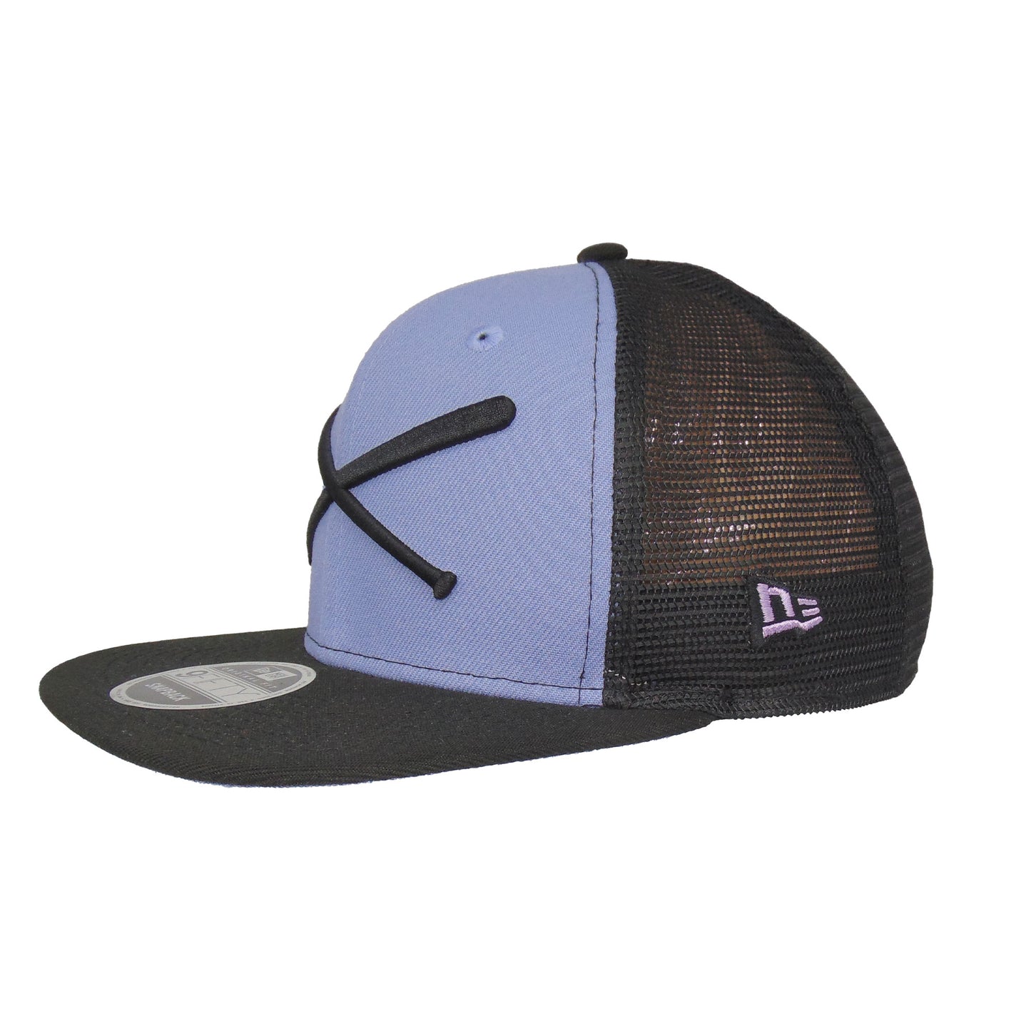 JustFitteds Crossed Bats New Era 9FIFTY Trucker Cap Black lilac