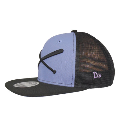 JustFitteds Crossed Bats New Era 9FIFTY Trucker Cap Black lilac black 
purple Side View