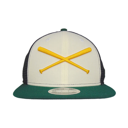JustFitteds Crossed Bats New Era 9FIFTY Trucker Cap GBC navy
green
chrome Front View
