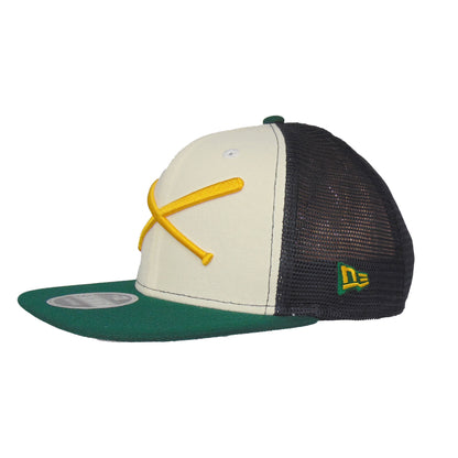 JustFitteds Crossed Bats New Era 9FIFTY Trucker Cap GBC navy
green
chrome Side View