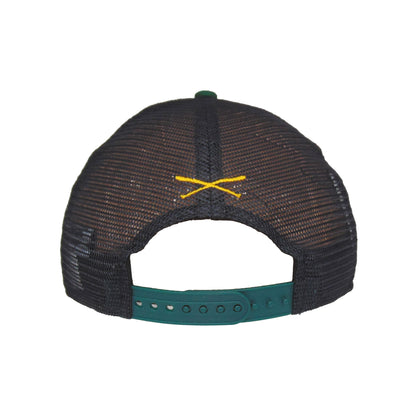 JustFitteds Crossed Bats New Era 9FIFTY Trucker Cap GBC navy
green
chrome Back View