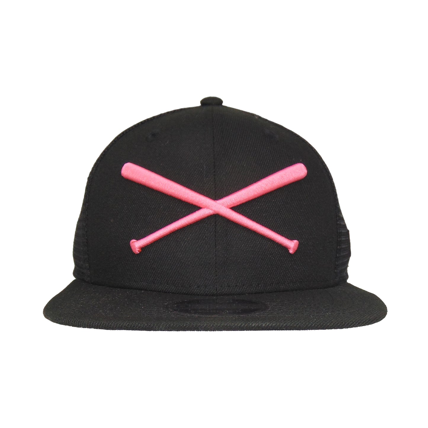 JustFitteds Crossed Bats New Era 9FIFTY Trucker Cap Black Pink