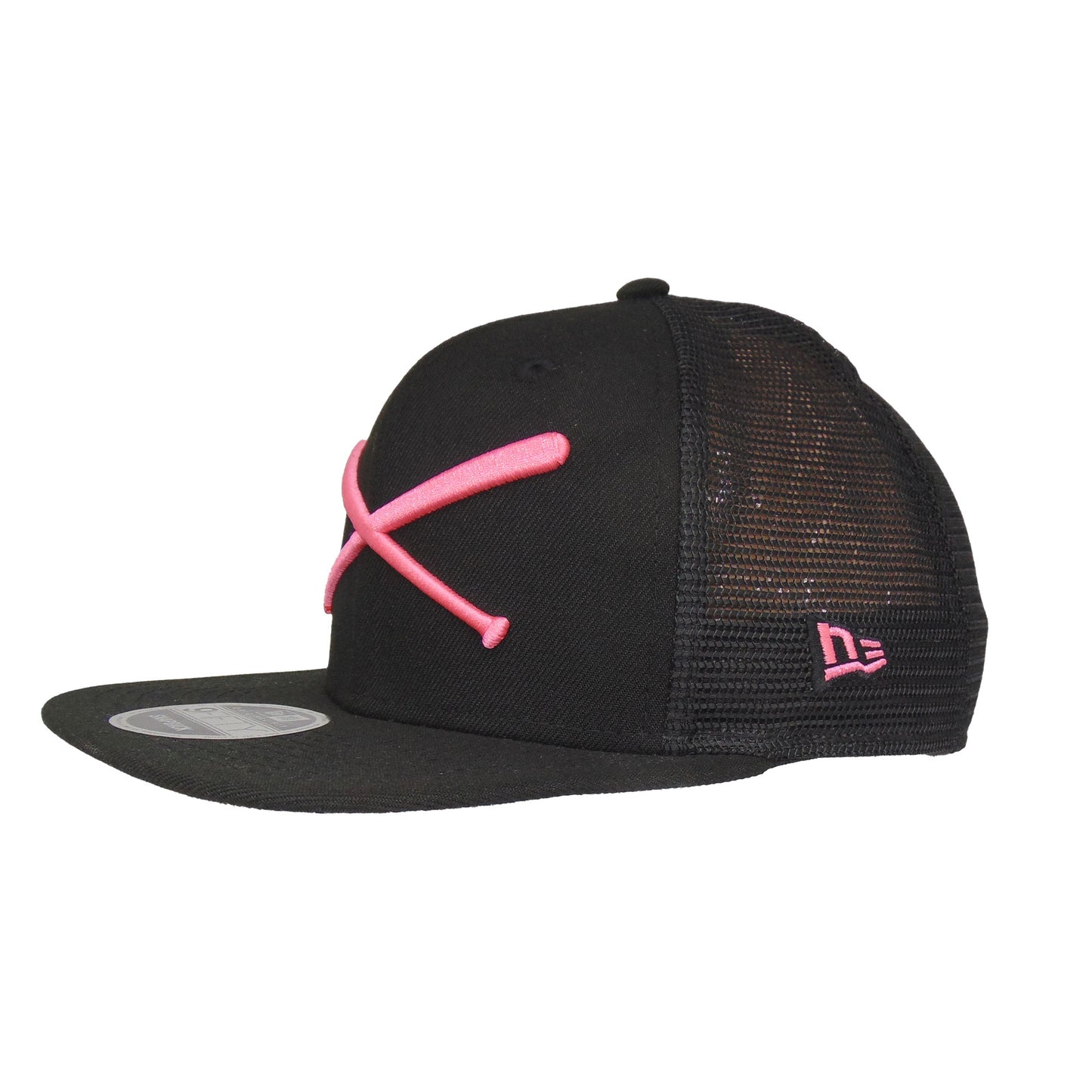 JustFitteds Crossed Bats New Era 9FIFTY Trucker Cap Black Pink